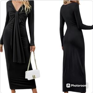 Gianni Bini Long Sleeves Plunging Neckline Crepe Midi Cocktail Black Dress